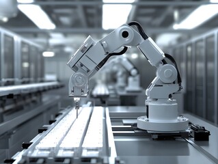 Poster - a cutting-edge robotic arm operates in a modern manufacturing facility, showcasing automation techno