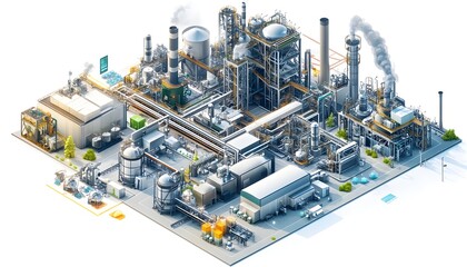 Poster - A detailed illustration of a modern industrial facility featuring complex machinery, pipelines, storage tanks, and a dynamic working environment that signifies efficiency and produ