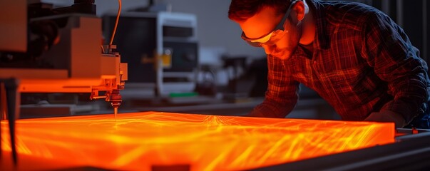 Poster - A skilled craftsman utilizes advanced machinery to manipulate glowing hot materials, showcasing the beauty of manufacturing processes in a modern workshop.
