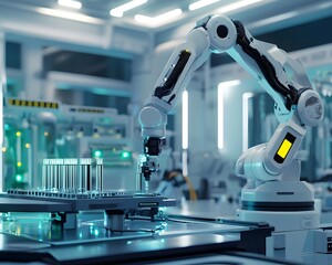 Poster - A state-of-the-art robotic arm in a high-tech lab setting, showcasing the future of automation and precision in scientific research and production.