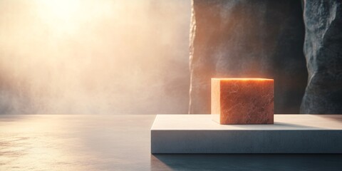 Poster - A glowing cube rests on a stone base, enveloped in soft mist, as warm light creates a serene atmosphere within a rocky environment