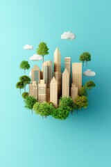 Poster - A digital rendering of a wooden cityscape with eco-friendly themes.