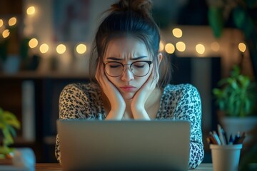 Leinwandbilder - Stressed young woman working late at night feeling tired and frustrated