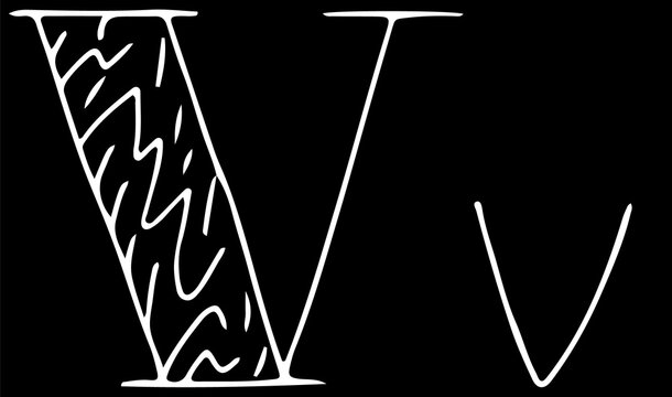 capital letter V and lowercase letter v hand drawn with curved white lines on a black background