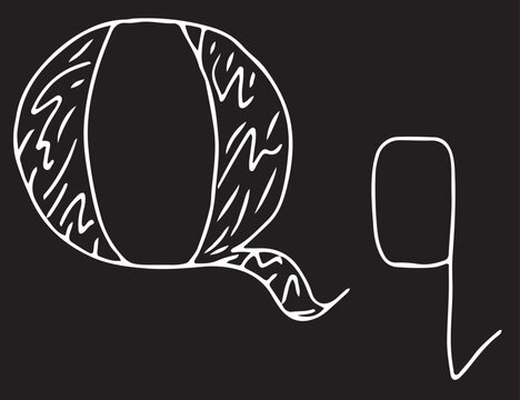 capital letter Q and lowercase letter q hand drawn with curved white lines on a black background
