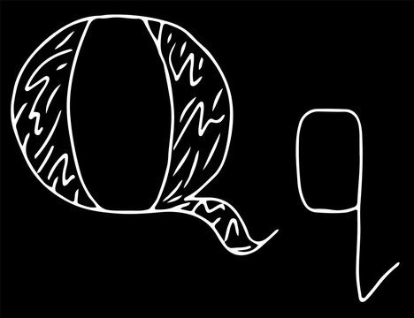 capital letter Q and lowercase letter q hand drawn with curved white lines on a black background