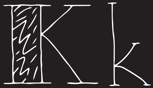 capital letter K and lowercase letter k hand drawn with curved white lines on a black background