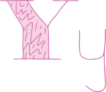 capital letter Y and lowercase letter y hand drawn with curved purple lines with light pink fill