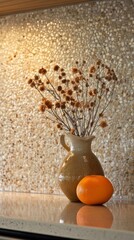 Poster - A rustic pottery vase filled with delicate dried flowers sits elegantly on a smooth countertop next to a vibrant orange, illuminating a warm kitchen. The textured wall in the background adds depth