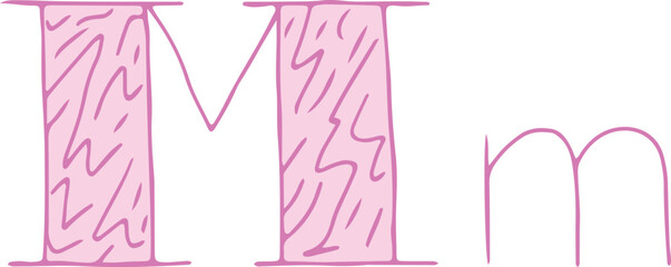 Fototapete - capital letter M and lowercase letter m hand drawn with curved purple lines with light pink fill