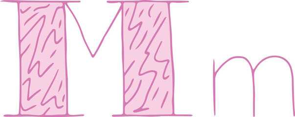 Fototapete - capital letter M and lowercase letter m hand drawn with curved purple lines with light pink fill
