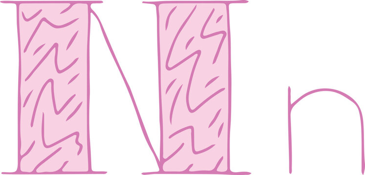 capital letter N and lowercase letter n hand drawn with curved purple lines with light pink fill