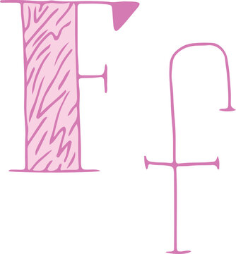 capital letter F and lowercase letter f hand drawn with curved purple lines with light pink fill