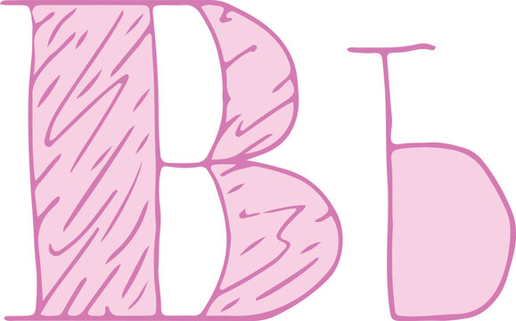 capital letter B and lowercase letter b hand drawn with curved purple lines with light pink fill