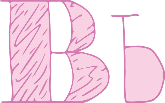 capital letter B and lowercase letter b hand drawn with curved purple lines with light pink fill