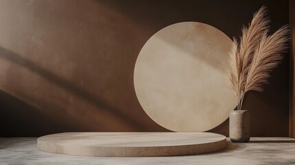 Poster - Soft natural light filters through a modern interior, highlighting earthy tones and textures. A circular backdrop complements a vase of pampas grass, creating a serene and inviting environment