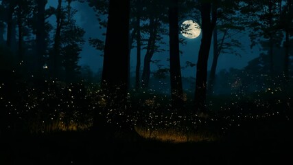 Fototapete - A large moon is shining in the sky above a forest. The moon is the brightest object in the sky
