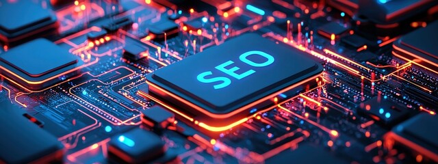 Poster - A futuristic SEO lab where glowing keywords are crafted.