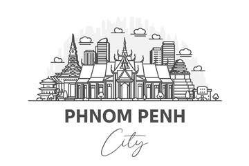 Wall Mural - Phnom Penh, Cambodia architecture line skyline illustration with shadows. Linear vector cityscape with famous landmarks, city sights, design icons.