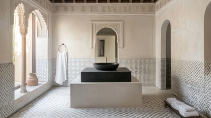 Poster - Soft light bathes the serene space showcasing stunning tile patterns and a central basin. This elegant Moroccan design invites calm, blending traditional elements with modern simplicity
