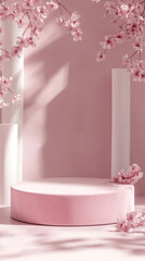 Aufkleber - Delicate cherry blossoms cascade around a soft pink circular platform against a minimalistic backdrop. Shadows play softly, creating a tranquil and inviting atmosphere