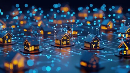 Poster - A futuristic design of homes connected by glowing fiber optic cables.