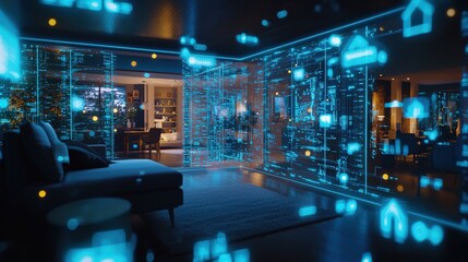 Poster - A futuristic digital real estate agency with holographic property displays.