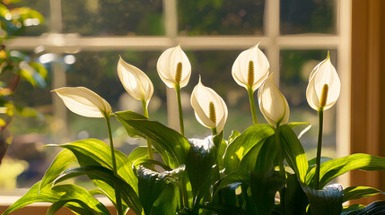 Poster - A pot of peace lilies in a bright room bathed in soft natural light creating a serene and inviting atmosphere of calm and comfort.