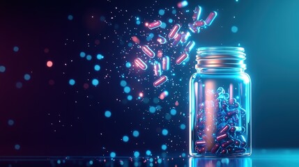 Poster - A futuristic medicine bottle releasing glowing particles into the air.