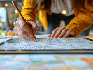 Fototapete - Close up of hands sketching ideas on digital tablet, showcasing creativity and design in modern workspace. vibrant colors and focused expression enhance artistic atmosphere