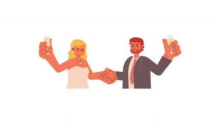 Poster - Newlywed european couple celebrating wedding day 2D characters animation. Caucasian bride groom holding hands, toasting glasses animated people cartoon 4K video isolated on white transparent