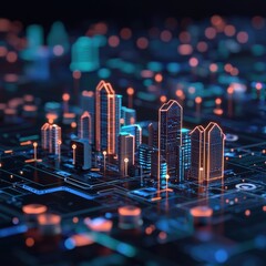 Poster - A futuristic skyline with price and rental details glowing on buildings.