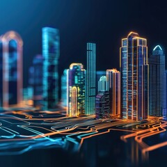 Poster - A futuristic skyline with price and rental details glowing on buildings.