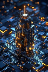 Poster - A futuristic skyscraper made of SEO metrics glowing in the dark.