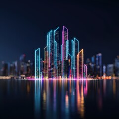 Poster - A futuristic skyscraper shaped like a bar graph, glowing in the night.