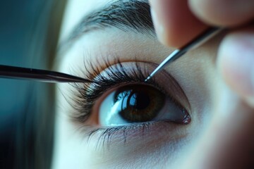 Wall Mural - a close-up shot of a woman's eye with a pair of scissors, great for use in beauty or crime scene sce
