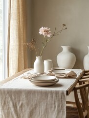 Poster - A tranquil dining table is elegantly decorated with soft ceramics and a floral centerpiece