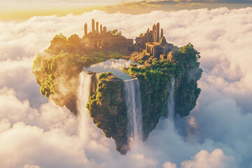 Wall Mural - a breathtaking 3d background of a floating island with lush greenery, cascading waterfalls, and anci