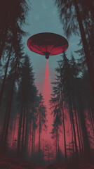 Wall Mural - forest with tall trees and a big space ship in the night and a red light
