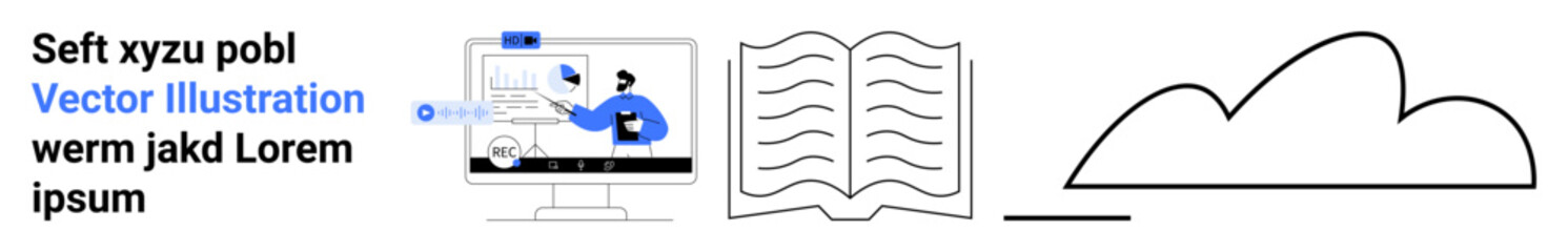 Aufkleber - monitor displaying online courses, a large open book, and a cloud representing storage and sharing. 