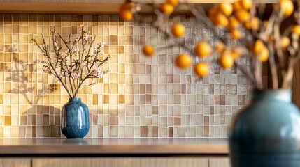 Aufkleber - Textured tiles form a warm backdrop for two elegant vases, one filled with delicate cherry blossoms and the other adorned with bright citrus fruits, capturing the essence of a serene moment