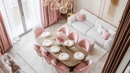 Aufkleber - A beautifully arranged dining space features a large wooden table surrounded by soft pink chairs, offering a welcoming atmosphere for meals. Natural light brightens the elegant decor