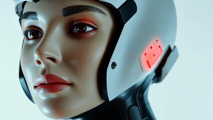 Poster - A woman in a white helmet with red lights on it