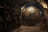 A mysterious 3D background of a secret underground vault, secured by an intricate puzzle lock. The dimly lit chamber is lined with shelves filled with ancient artifacts, while the massive reinforced