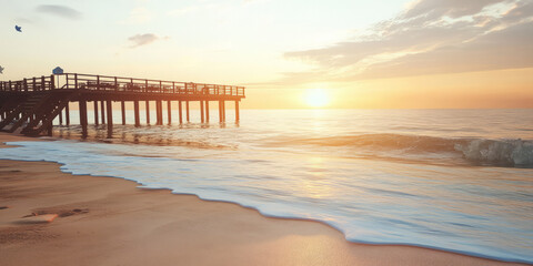 Wall Mural - a serene 3d background of a tranquil beach at sunrise, with golden sand stretching into the horizon.