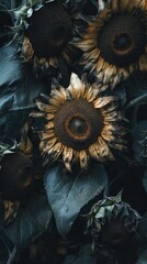 Aufkleber - In a moody garden setting, sunflowers display their withering petals and rich textures