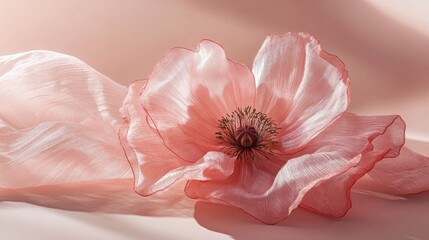 Poster - A soft pink flower with gentle layers lays on a smooth, flowing fabric. Sunlight highlights its delicate features, creating an atmosphere of calm and serenity, perfect for a peaceful afternoon
