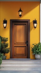 Leinwandbilder - A classic wooden door stands boldly against bright yellow walls, flanked by stylish lanterns. Lush green plants complete the charming entrance of a cozy home during the golden hour