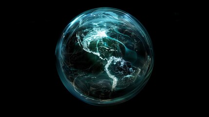 Poster - A digital rendering of Earth with blue and white outlines of continents.