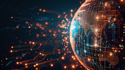 Poster - A digital globe with circuit board patterns, glowing with orange and blue lights,  on a dark background.